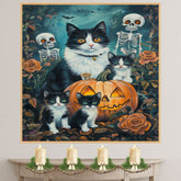 Haunting Whiskers: Tuxedo Cat Mom and Three Kittens in a Spooky Forest on Ready to Hang 1.5" Thick Canvas Wrap, Floating Framed Canvas, Flat Rolled Canvas